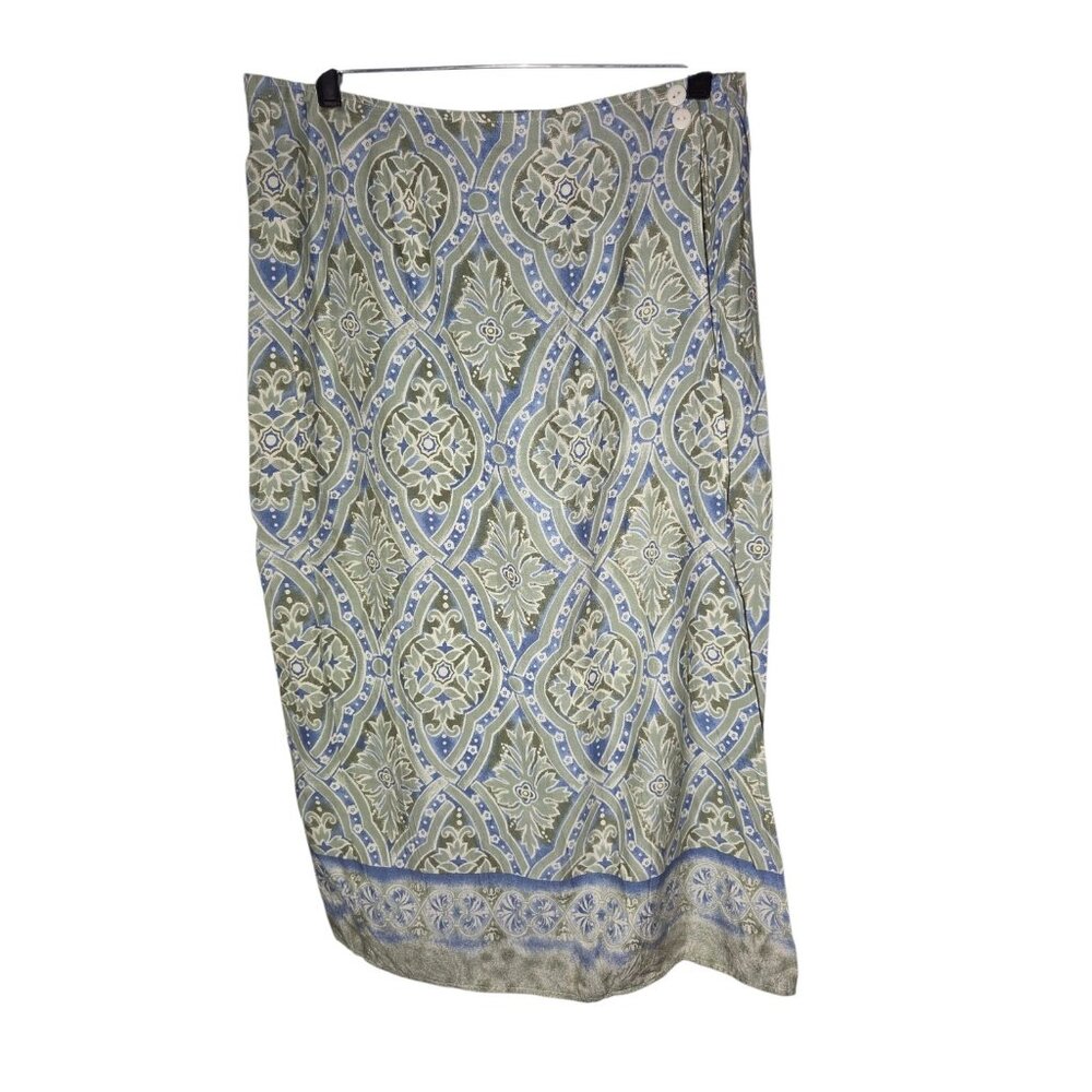 Sag Harbor Vintage Faux Wrap Rayon Midi Skirt Straight Elastic Waist Blue Green